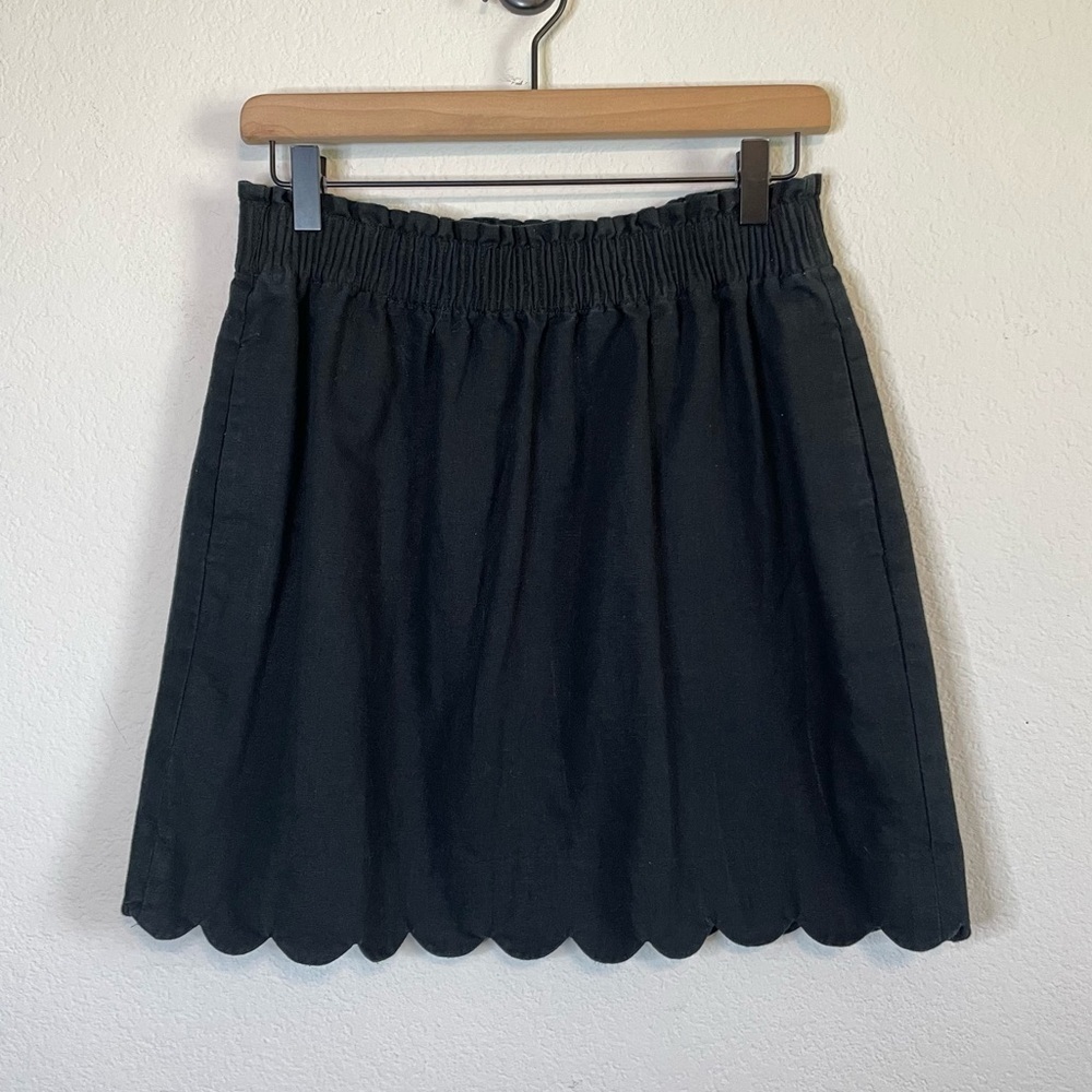 J Crew Black Linen Cotton Scalloped Hem Pull On Stretch Waist Skirt W Pockets